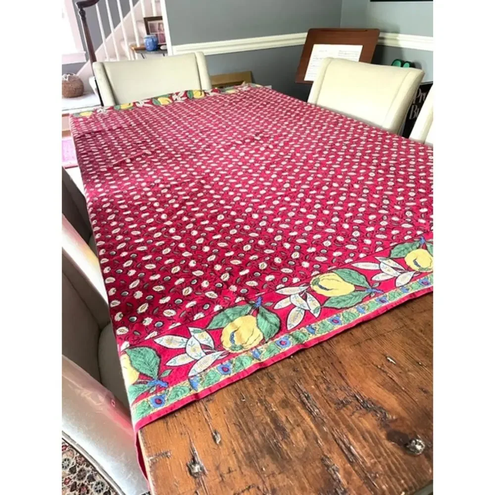 Williams Sonoma 100% Cotton Tablecloth Red Floral Fruit Border 70x70 Farmhouse